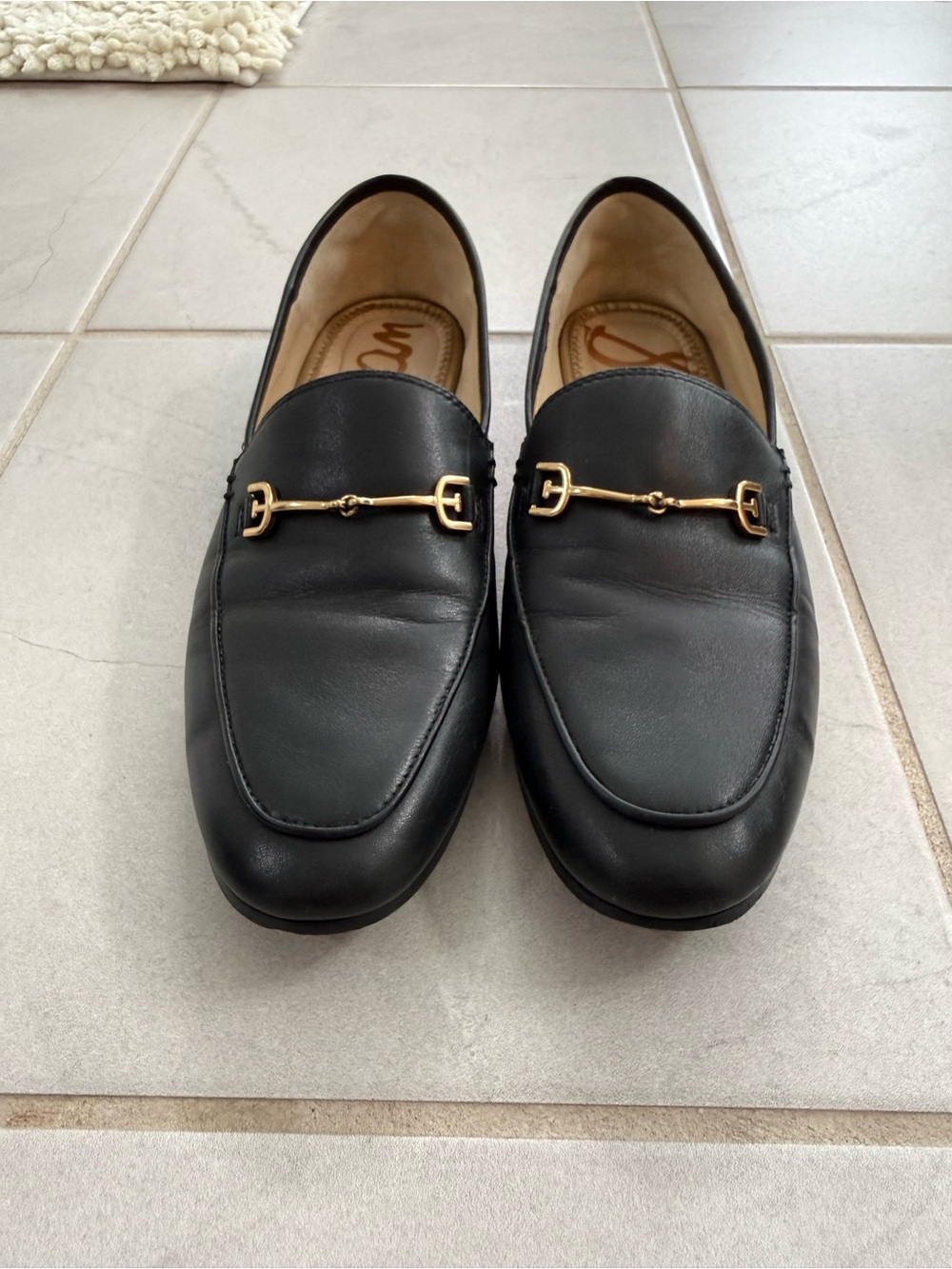 Sam Edelman Loraine Black Leather Loafers with Gold Horsebit - Picture 2 of 5